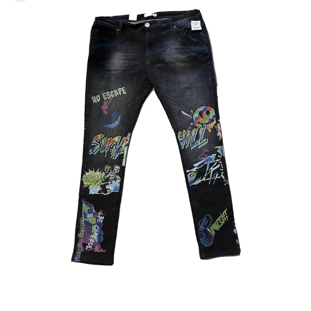 SUGARHILL TRIPPY BRIGHT GRAPHICS No Escape Streetwear Denim Jeans Pants Size 40